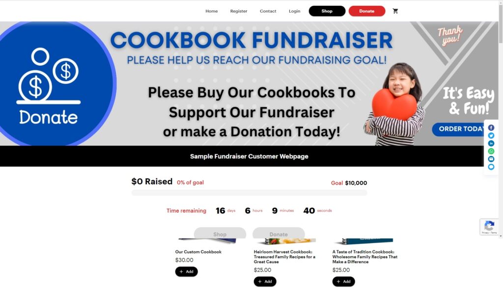 Sample of a cookbook fundraiser sale hub webpage